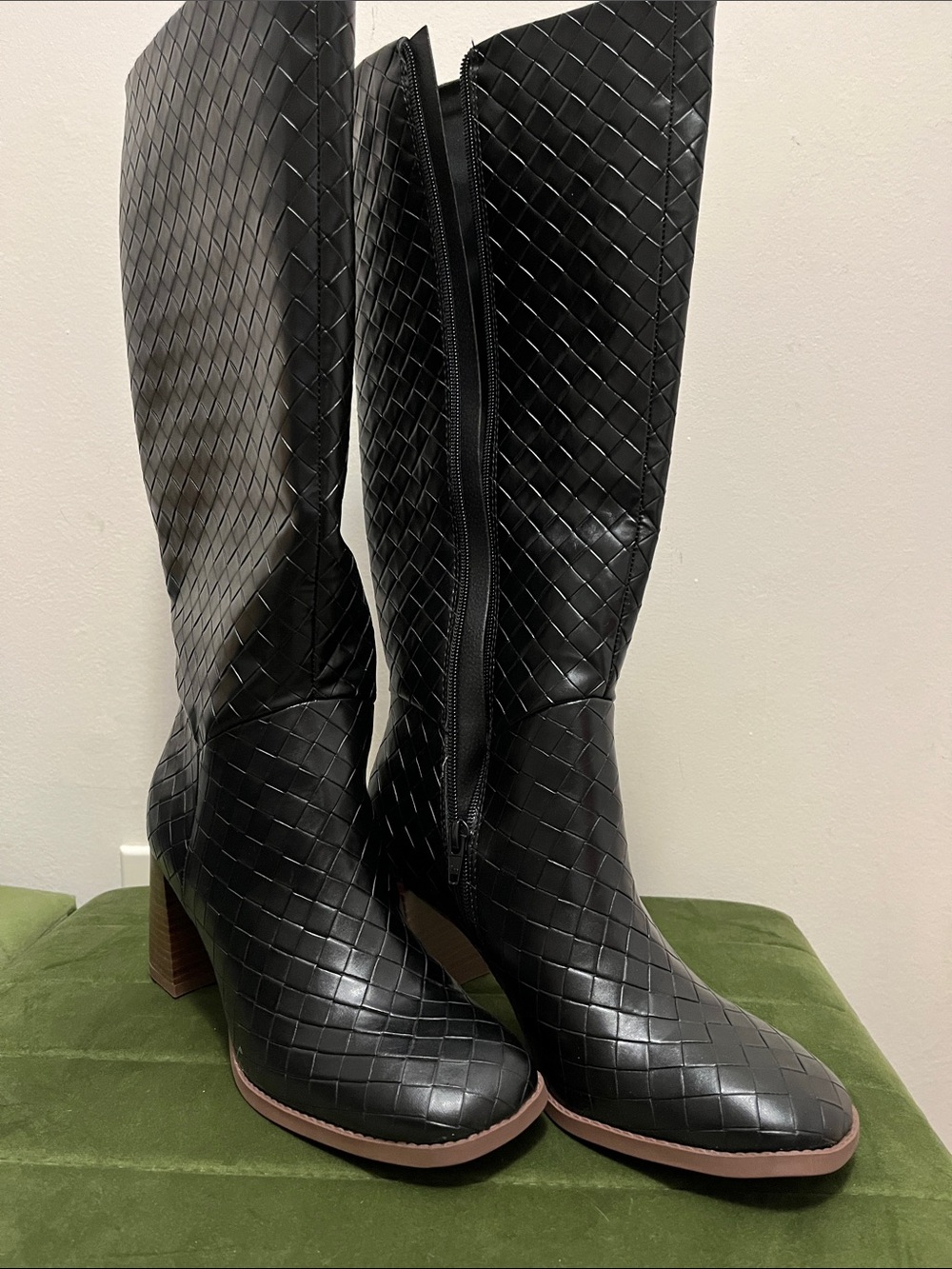 Black Woven Knee-High Heeled Boots